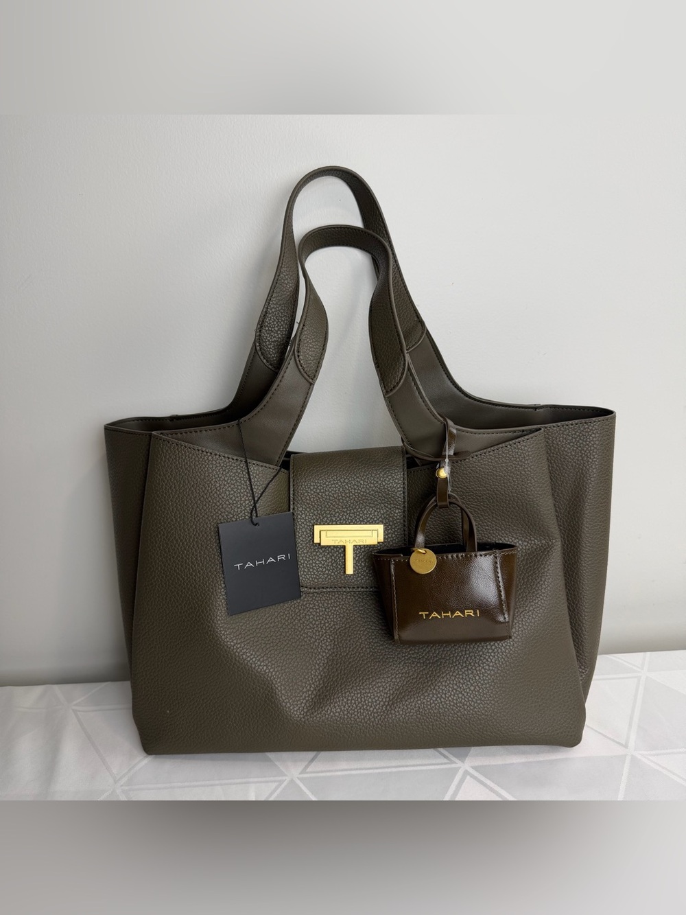 Tahari Dark Olive Pebbled Tote with Gold Accent and Mini Charm